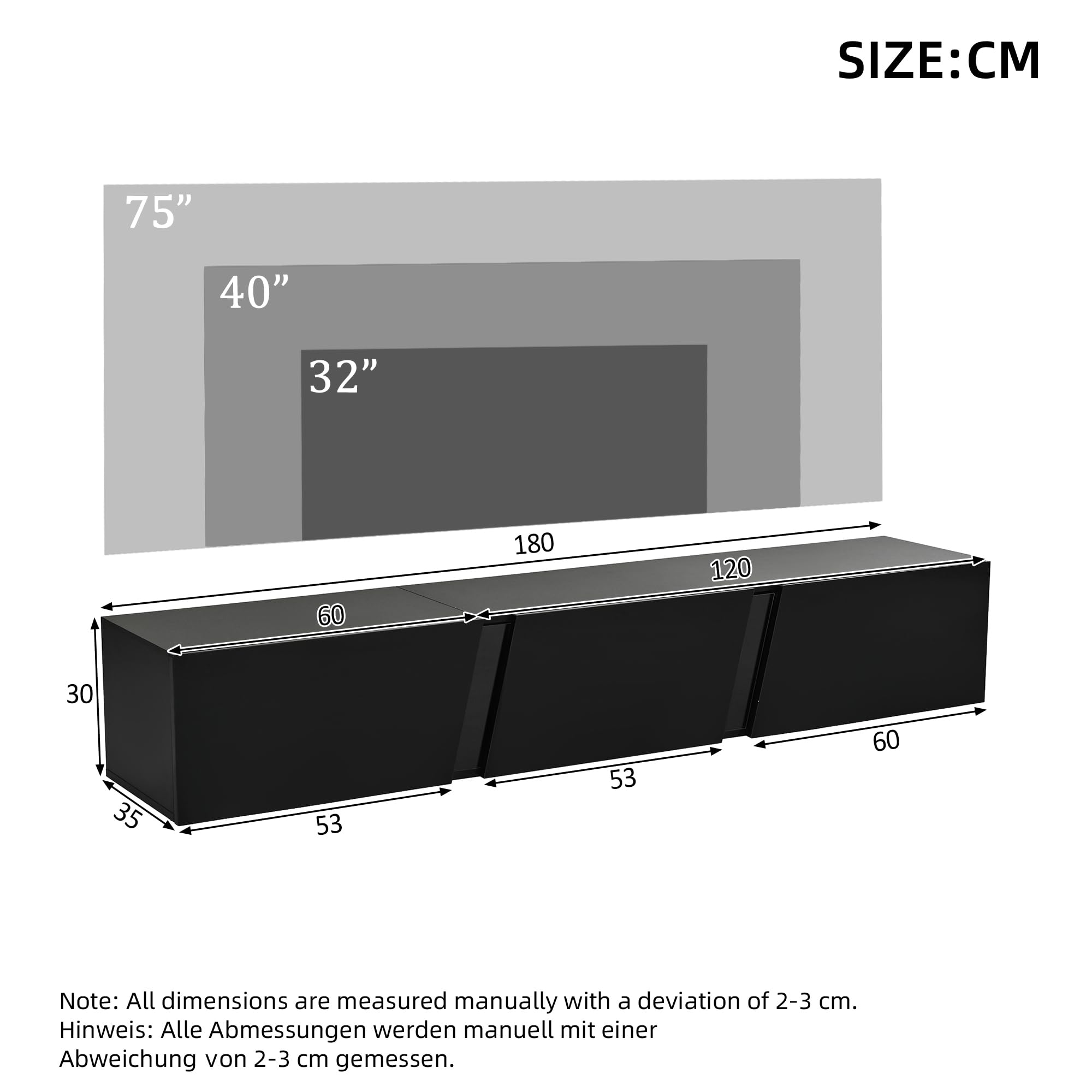 180 x 35 x 30 cm, mobile TV a parete, mobile basso con luci a LED, con 3 ante, adatto per TV da 75 pollici, mobile TV lucido, nero