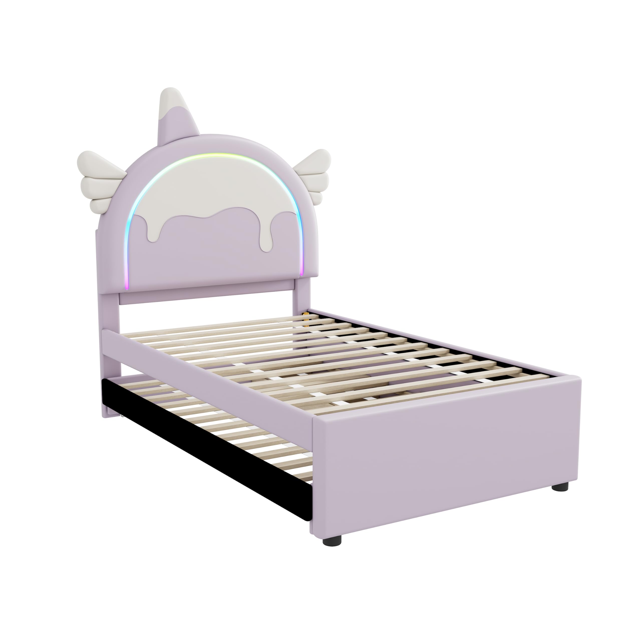 Lettino a forma di unicorno, 90 x 200 cm, con letto a rotelle estraibile, materiale PU, viola