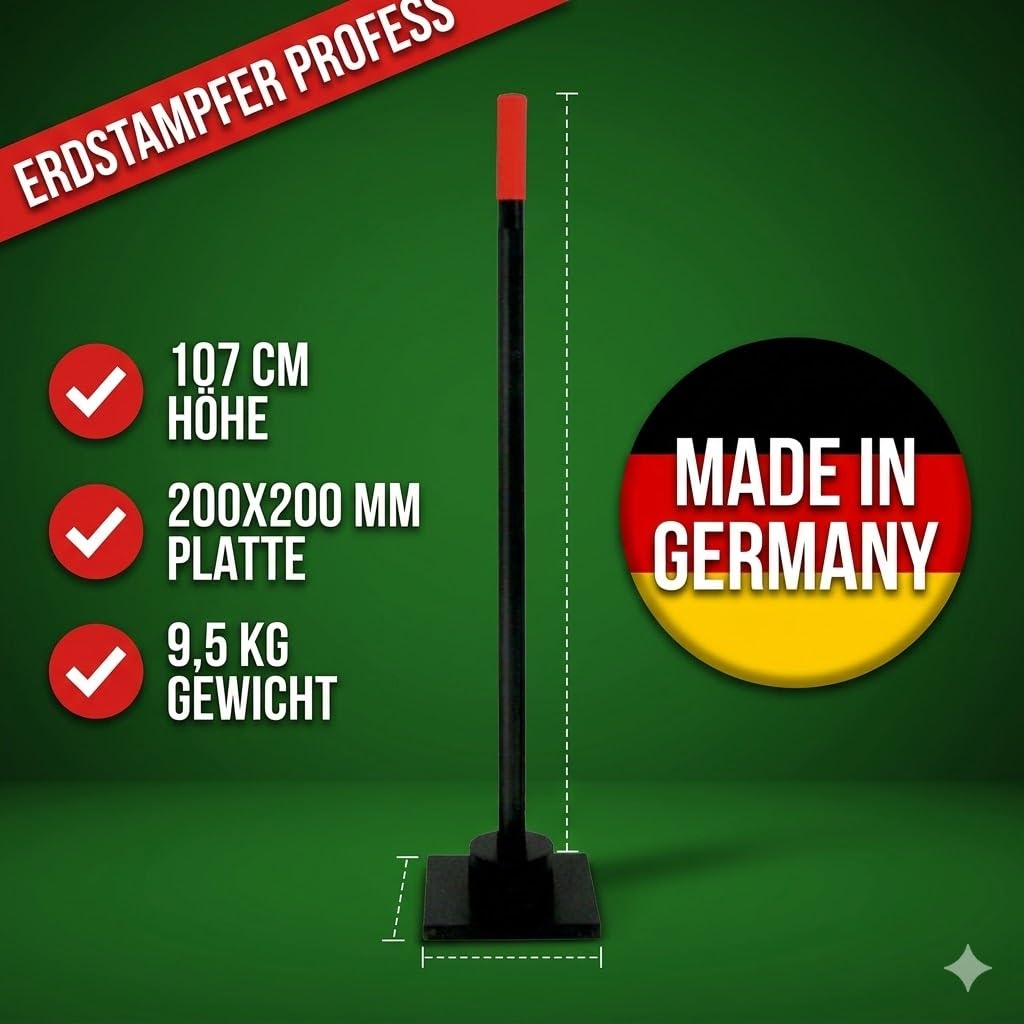 Erdstampfer 200x200 mm mit Schwingungsdämpfer 107 cm hoch | 9,5 kg Handstampfer aus lackiertem Stahl | Betonstampfer & Bodenstampfer für Erde, Sand & Schotter | Handverdichter Made in Germany