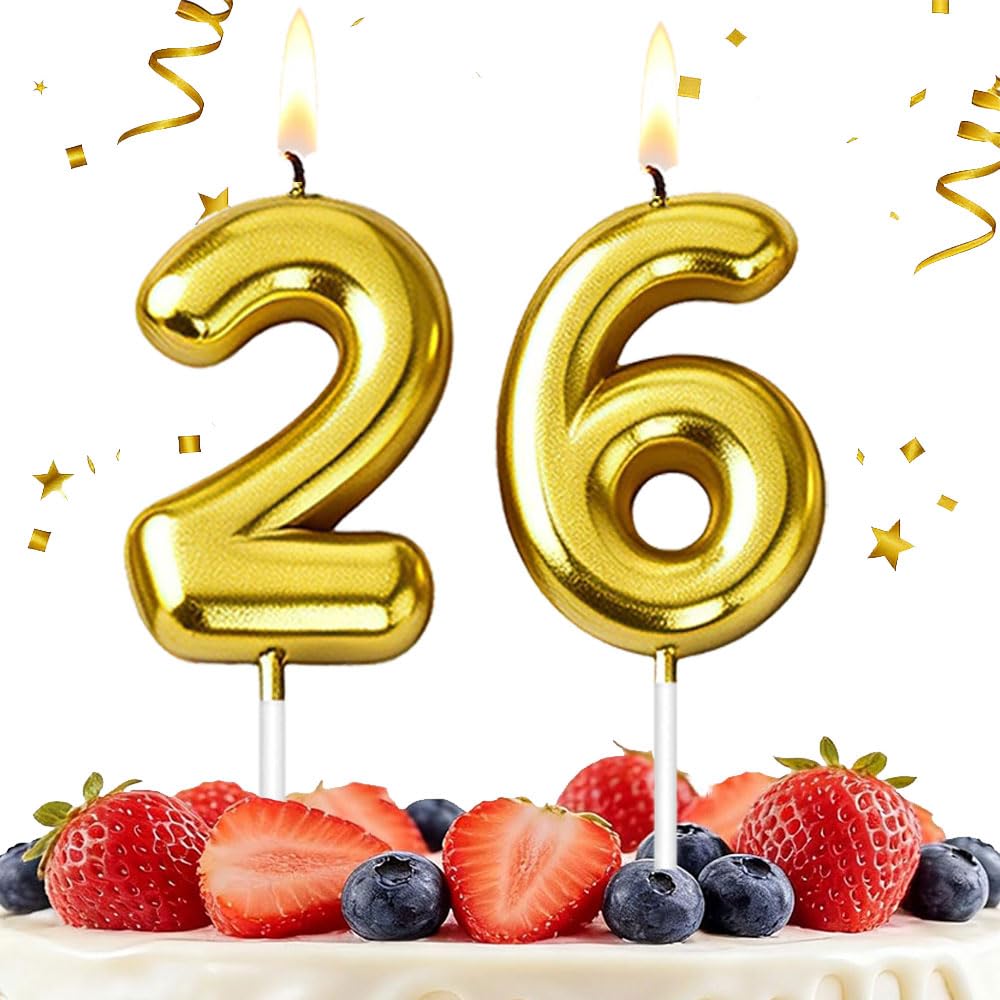 Hlwgfjdy Gold 26Th Birthday Candles Number 26 Cake Topper Happy Birthday Cake Decorations For 26Th Birthday Party, Candles For Birthday Anniversary Celebration Party Supplies