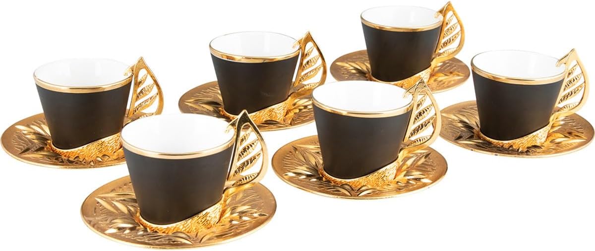 SODEF Coffee Set Cone Leaf Design, Gold Zamak, 6 Person Set, 18 Piece, 90ml Capacity, Modern Style - Gold, One Size