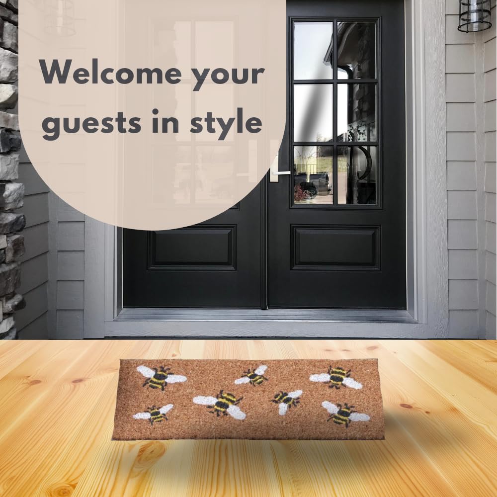 Garden Mile Zerbino con inserto decorativo antiscivolo, in fibra di cocco naturale, 23 x 53 cm, tappetino di benvenuto per ingresso esterno portico (api miele