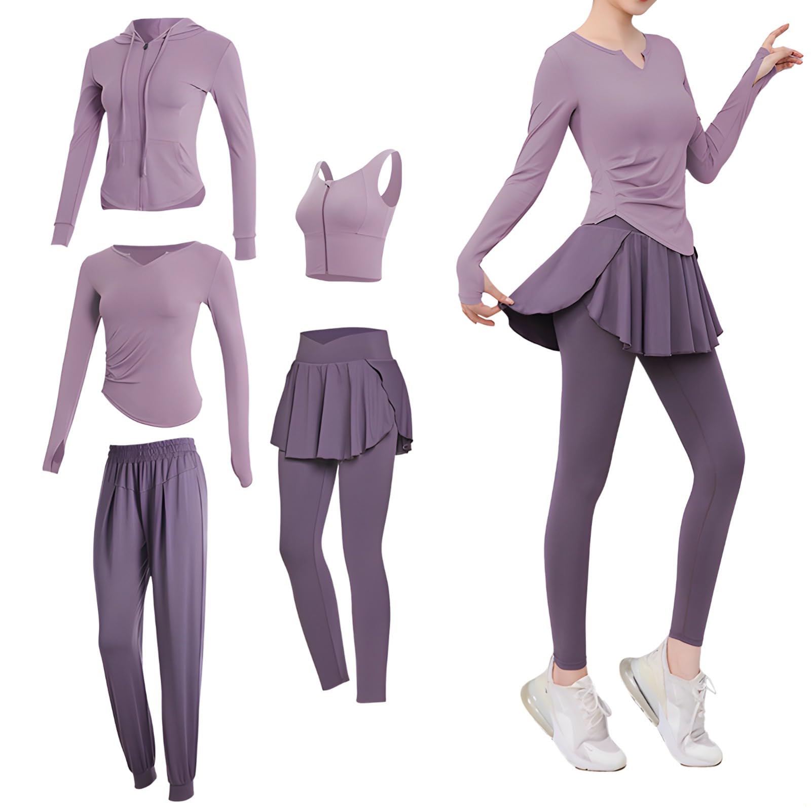 Conjunto de yoga y fitness de 5 piezas para mujer, camiseta atlética de manga larga, pantalones deportivos de cintura alta con falda, tela transpirable y que absorbe la humedad, cómodo y elegante