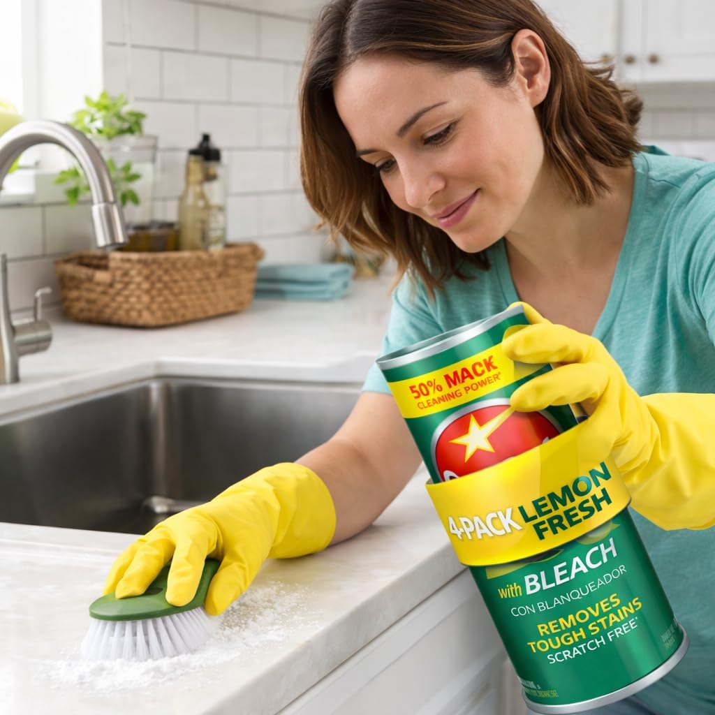 Lemon Fresh Bleach Cleanser Powder, 4-Pack, 50% More Cleaning Power, Scratch-Free Formula, Removes Tough Stains for Kitchen, Bathroom, Sink, Tub & Tile