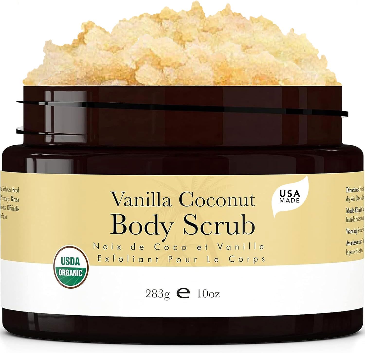 Organic Vanilla Coconut Body Scrub - USA Made Sugar Scrub with Natural Ingredients, Moisturizing Body & Foot Exfoliator for Dry and Sensitive Skin, Removes Dead Skin Cells & Reduces Ingrown Hair