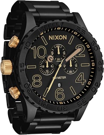 Nixon 51-30 Chrono A1389-300m Waterproof Mens Analog Fashion Watch 51mm Watch Face, 25mm Stainless Steel Band, Matte Black/Gold , Oversized