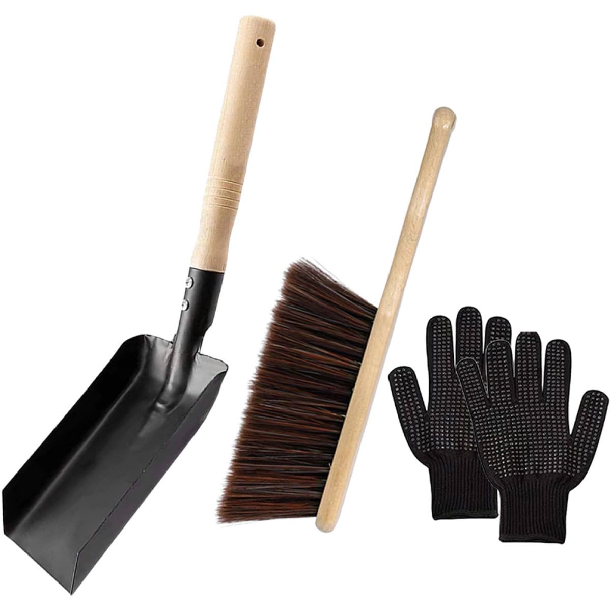 Lurrose Set Pulizia Caminetto Pala e Spolverino in Acciaio al Carbonio, Spazzola per Legno Manico in Legno e Guanti in Silicone, Attrezzi Compatti la Manutenzione Domestica