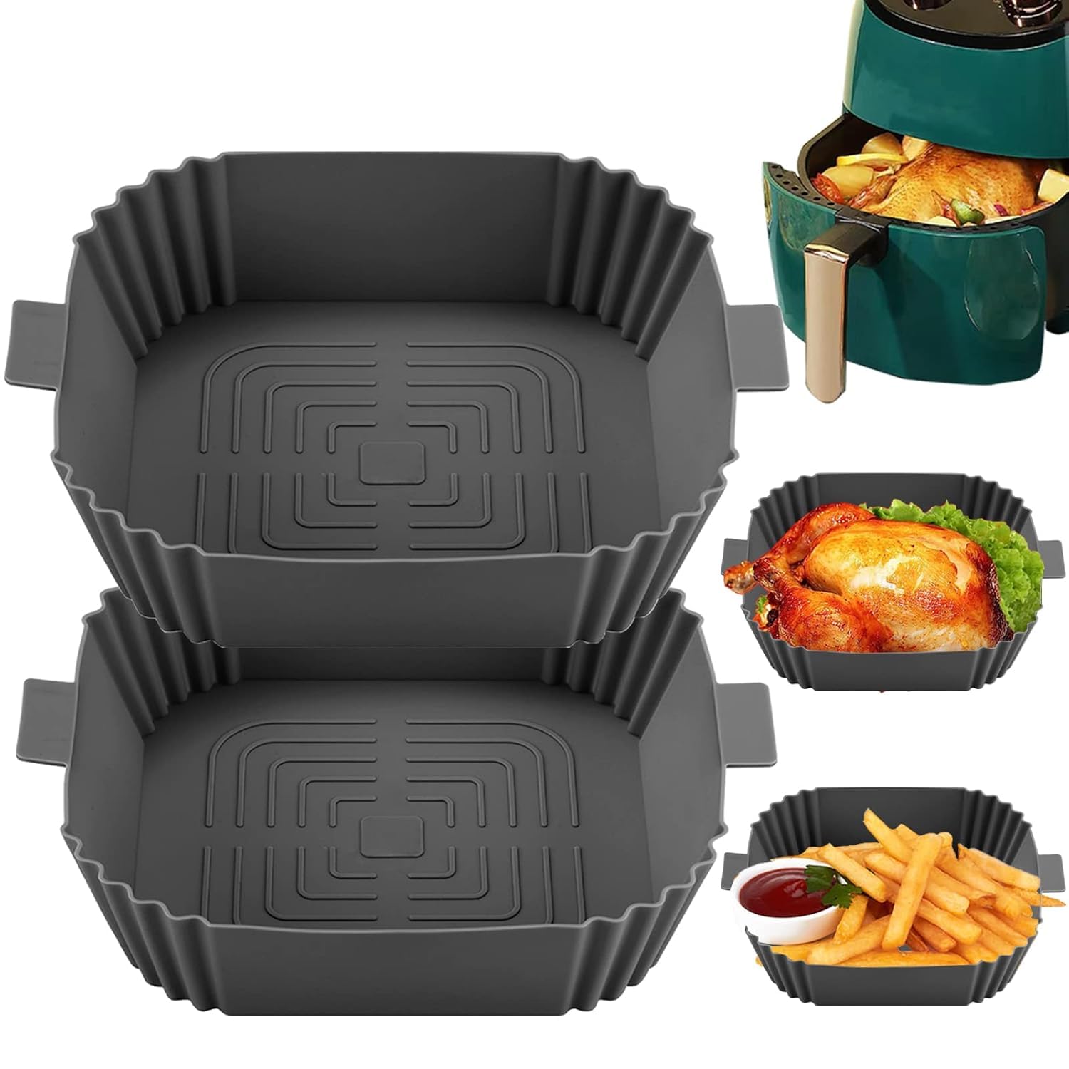 2 PCS Square Air Fryer Silicone Liners, 8 Inch Food Grade Reusable Heat Resistant Silicone Air Fryer Oven Microwave Accessory-image-5