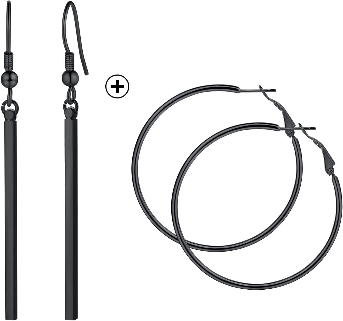 FOCALOOK Thin Black Hoop Earrings Bundle with Black Dangle Bar Earrings for Women
