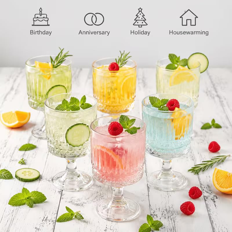 Image of Forestamart Diamond Cut Water Glasses Set of 4 | Embossed Stemmed Glass for, Mocktail, Cocktail & Pudding | 220ml Crystal Clear Goblet | Home Bar, Party & Gifting | Dishwasher Safe