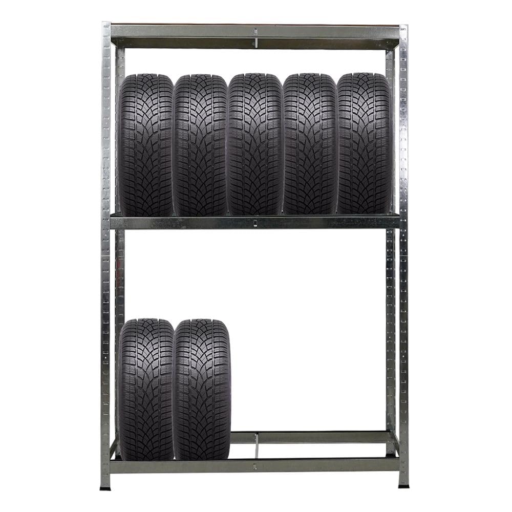 PROREGAL Étagère à pneus Ragnar | HxLxP 180x120x40cm | jusqu'à 8 pneus sur 2 Niveaux + Rangement | 265kg Charge Max. | Galvanisé