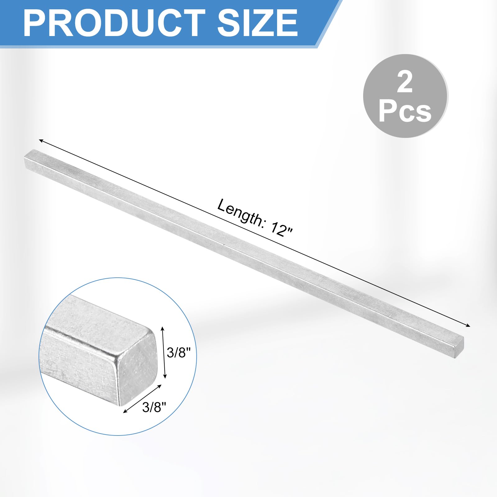 QUARKZMAN 2 Pcs Barra De Acero Cuadrada Para Chaveta, 3/8" x 3/8" x 12" Barras De Acero 45# Laminado En Frío, Chaveta De Precisión Para Acoplamiento De Caja De Cambios, Tono Plateado
