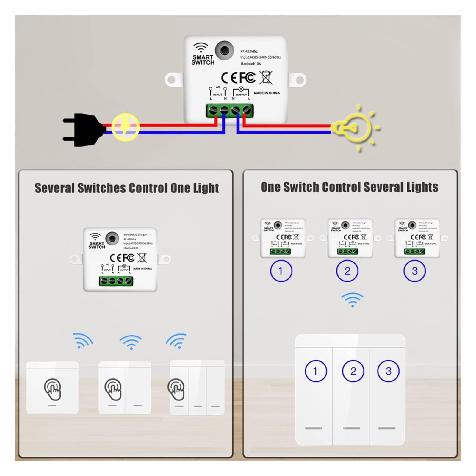 Interruptor de luz táctil, Interruptor de luz inalámbrico inteligente de 1/2/3 entradas Control remoto 86 Panel de pared botón pulsador 10A receptor for LED/ventilador(3Receiver1Switch)