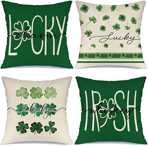 MODOVOS Lucky Charm - Juego de 4 fundas de almohada de 18 x 18 pulgadas, diseño de trébol de whisky irlandés, decoración del día de San Patricio,