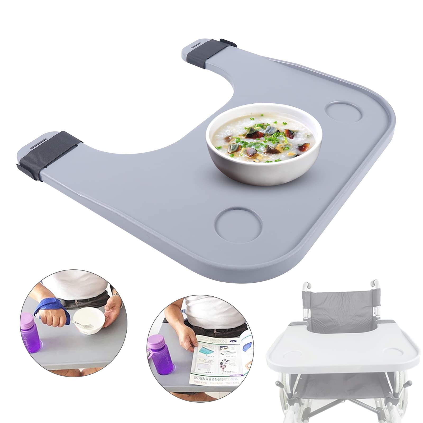 Essen Rollstuhl-Schoß-Tablett-Tisch Rollstuhl Tischbecherhalter, Verdickung Verbreiterung Abnehmbarer Schoß Tablett Tisch mit Getränkehalter,für Behinderte Lesen Schreiben,52 x 58 cm,grau