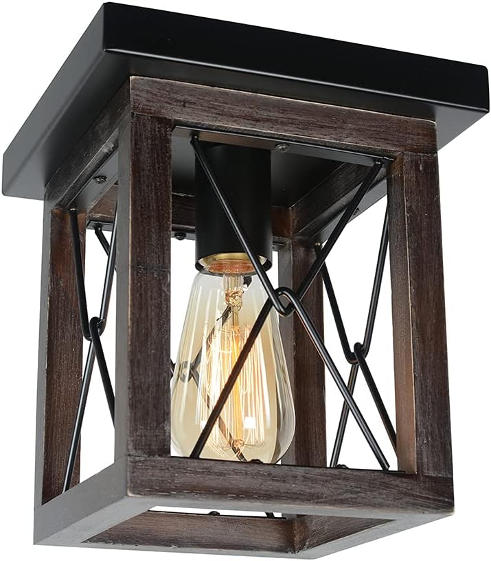 Baiwaiz Mini Square Rustic Ceiling Light Fixture, 1-Light Black Metal and Wood Farmhouse Flush Mount Cage Light Industrial Small Close to Ceiling Lighting Edison E26 102 Baiwaiz Mini Square Rustic Ceiling Light Fixture, 1-Light Black Metal and Wood Farmhouse Flush Mount Cage Light Industrial Small Close to Ceiling Lighting Edison E26 102