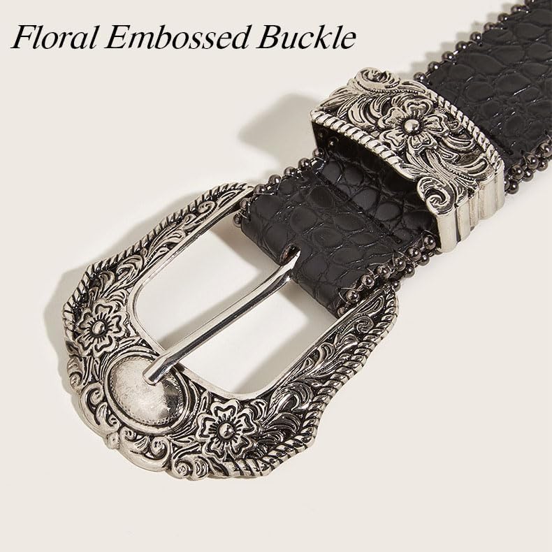 Black Women Western Belt Vintage Country Leather Belt with Engraved Buckle Cowgirl Cowboy Belt for Jeans Pant Dress3