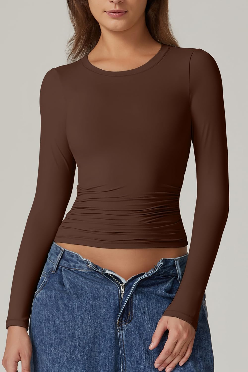 QINSEN Double Lined Long Sleeve Shirts for Women Crewneck Ruched Slim Fit Y2k Tops Going Out Tees Mocha L - Image 4