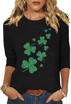 TIXOM Saint Patricks Day for Women Lucky Shamrock 3/4 Sleeve Shirt Funny Irish Graphic Tee Spring Party Tops