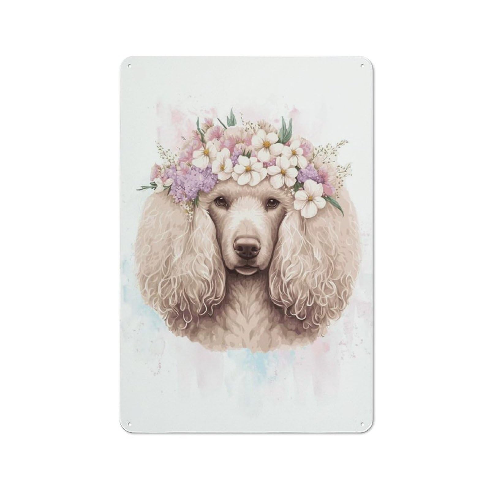 Junmoney Style-21 Metal Sign 30X20cm With Flower Crown Poodle Art For Workshop Wall, Rustic Decor, Wall Decoration For Workshops And Hobby Rooms