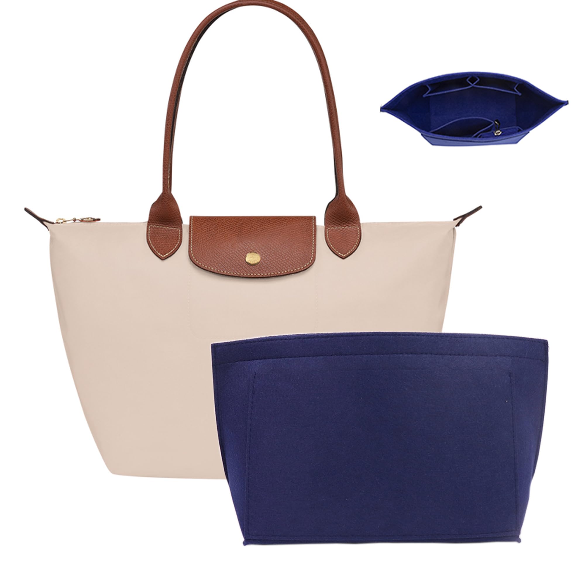 Umiup Longchamp Le Pliage Medium Felt Handbag Organizer with Cup Holder and Zipper, 8 Compartments, Blue, Medium 26.7 x 20 x 13 cm