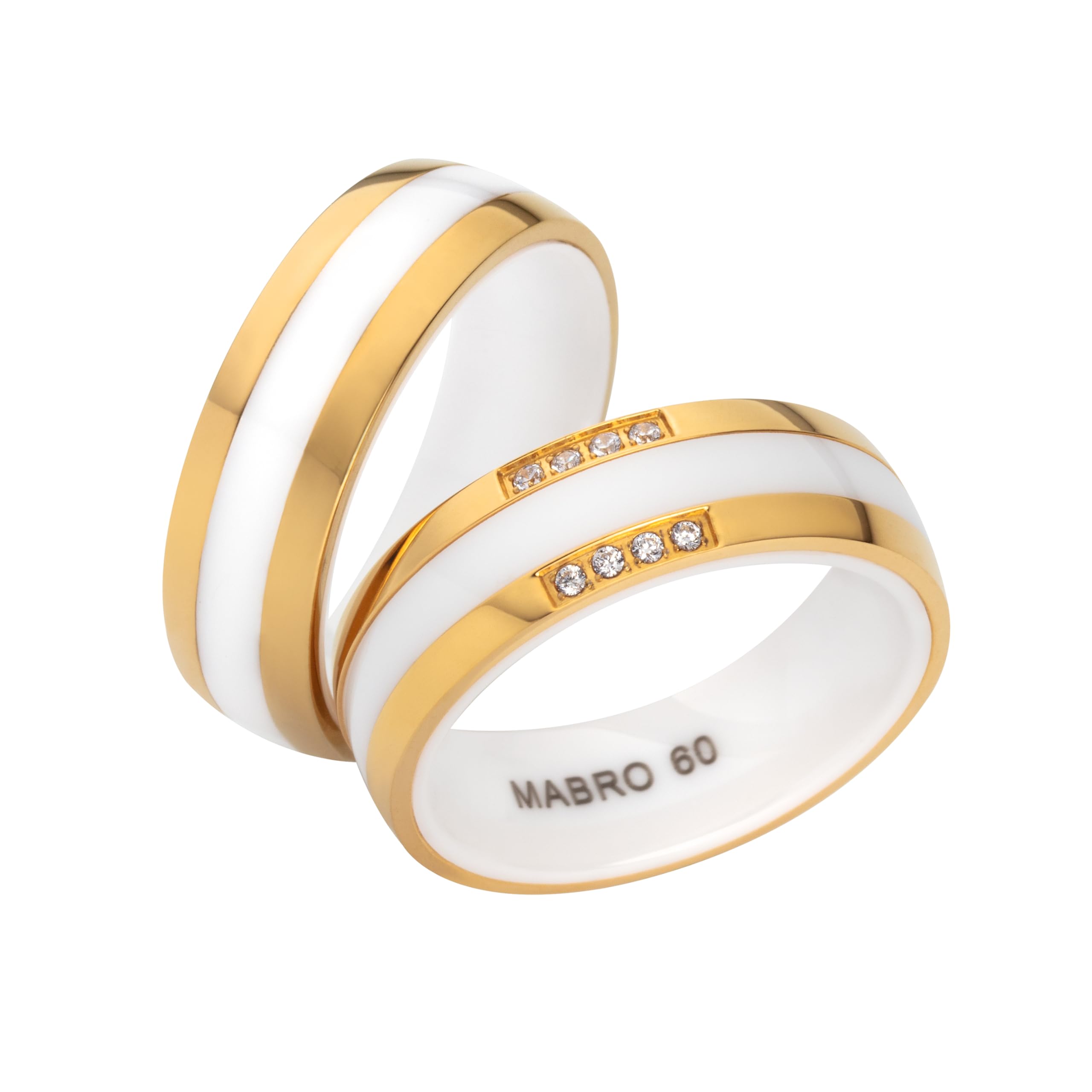 Paar Partnerringe & Eheringe aus weißer Keramik mit Edelstahleinlage PVD Gold – 7 mm Ringpaar für Sie und Ihn bis Größe 74 – Damenring mit 8 Zirkonia – Trauringe im Etui und Lasergravur | 3126