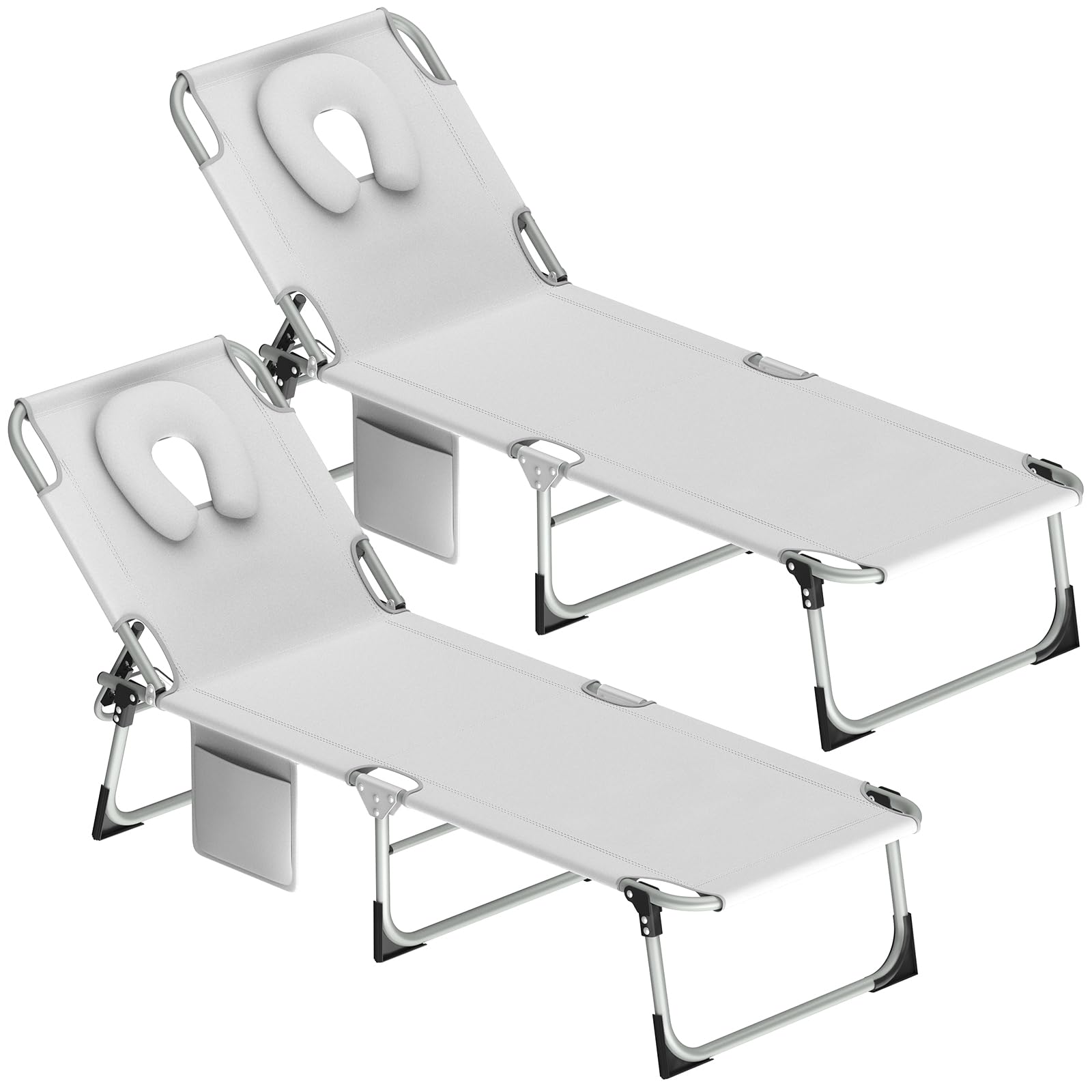 Huracan Lot de 2 chaises longues de jardin, pliables, avec ouverture pour le visage, coussins amovibles et dossier réglable en 3 positions, charge maximale 160 kg, pour jardin, balcon et terrasse