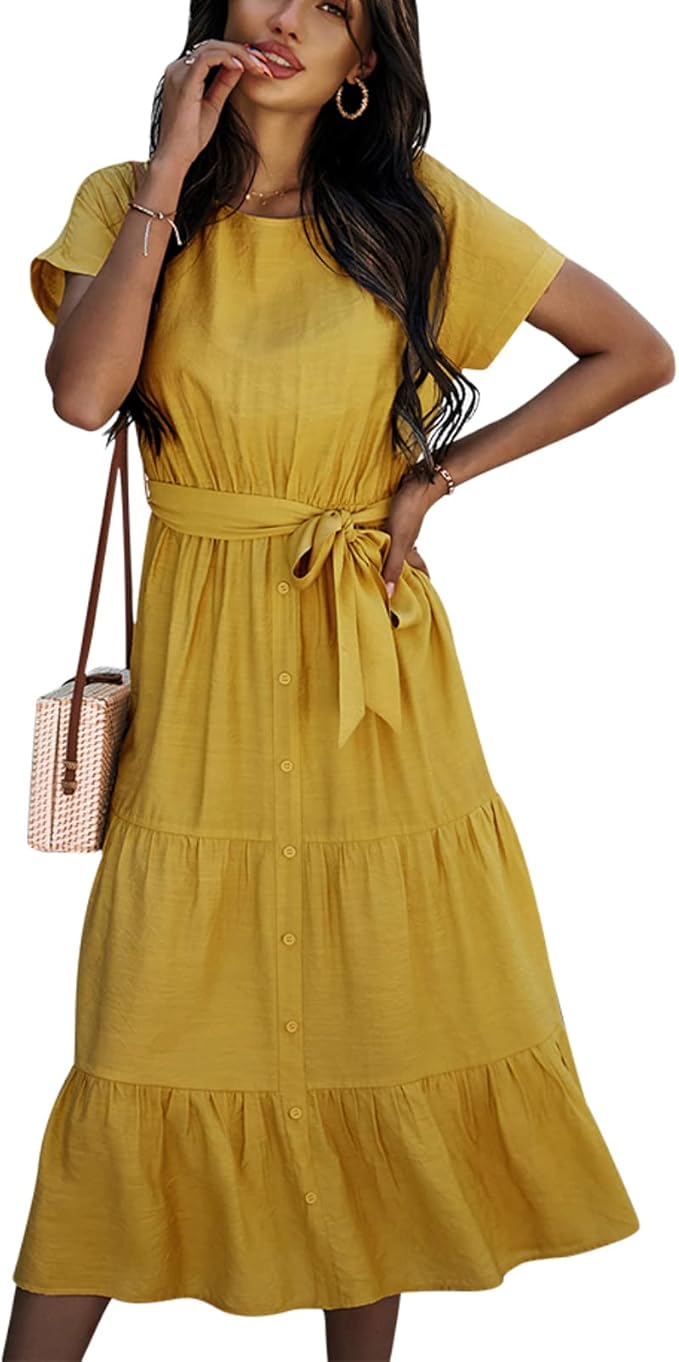 Women Casual Dress Summer Short Sleeve Solid Maxi Dress Ladies Elegant
