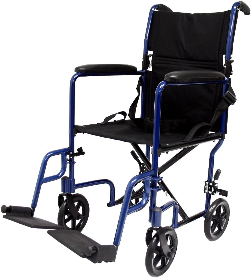 Karman Healthcare LT-2019-BL Folding Aluminum Transport Chair with Removable Footrests, Blue, 19" Seat Width : Health & Household
