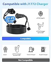 Vista 5 de Cable de extensión J1772, cable de extensión de cargador EV 32A, cable de carga de 21 pies para vehículo eléctrico de 110 V-240 V, compatible