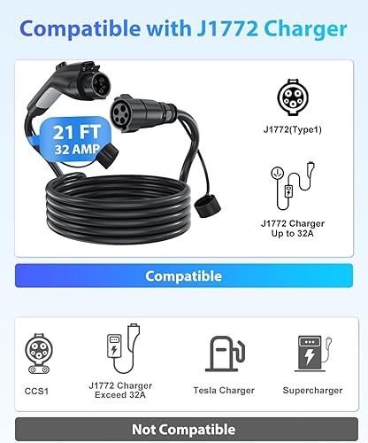 Miniatura 5 de Cable de extensión J1772, cable de extensión de cargador EV 32A, cable de carga de 21 pies para vehículo eléctrico de 110 V-240 V, compatible