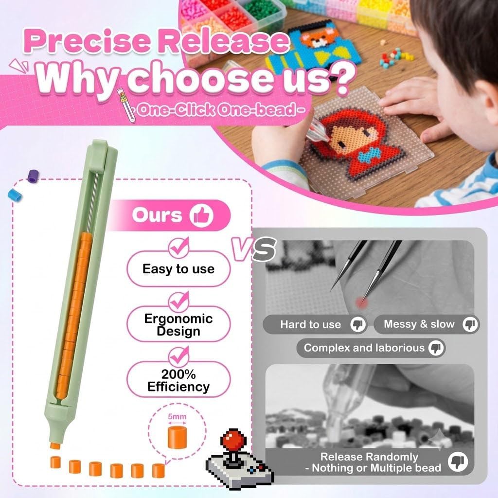 5mm Fuse Bead Pen& Aligner Tray Kit for Super-Fast Beading，Fuse Beads Pen，No Need to Shake Effortless Beads Recovery for Experienced Enthusiasts, Saves Time High Capacity Pen Body