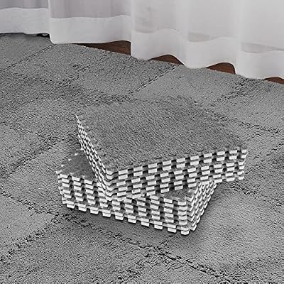 Flutesan 15 Pcs Winter Plush Carpet Squares Puzzle Floor Mat Foam Floor Mat Interlocking Carpet Tiles with Border Fluffy Soft Climbing Area Rugs for Playroom Bedroom Nursery(Gray)