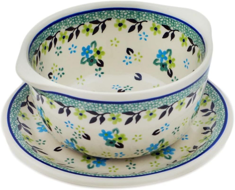 Polmedia Polish Pottery Bouillon Cup with Saucer UNIKAT - Mellow Meadow Pattern Handmade in Boleslawiec Poland by Ceramika Bona + Certificate of Authenticity