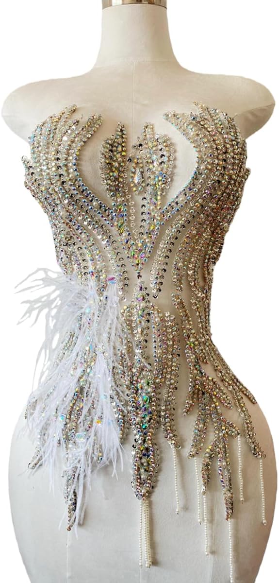 Hand Made Smart Beads Tassels Fluttering Feathers Hand-Stitched Shiny Rhinestones Bodice Applique Dress DIY Accessories Patches (Black)