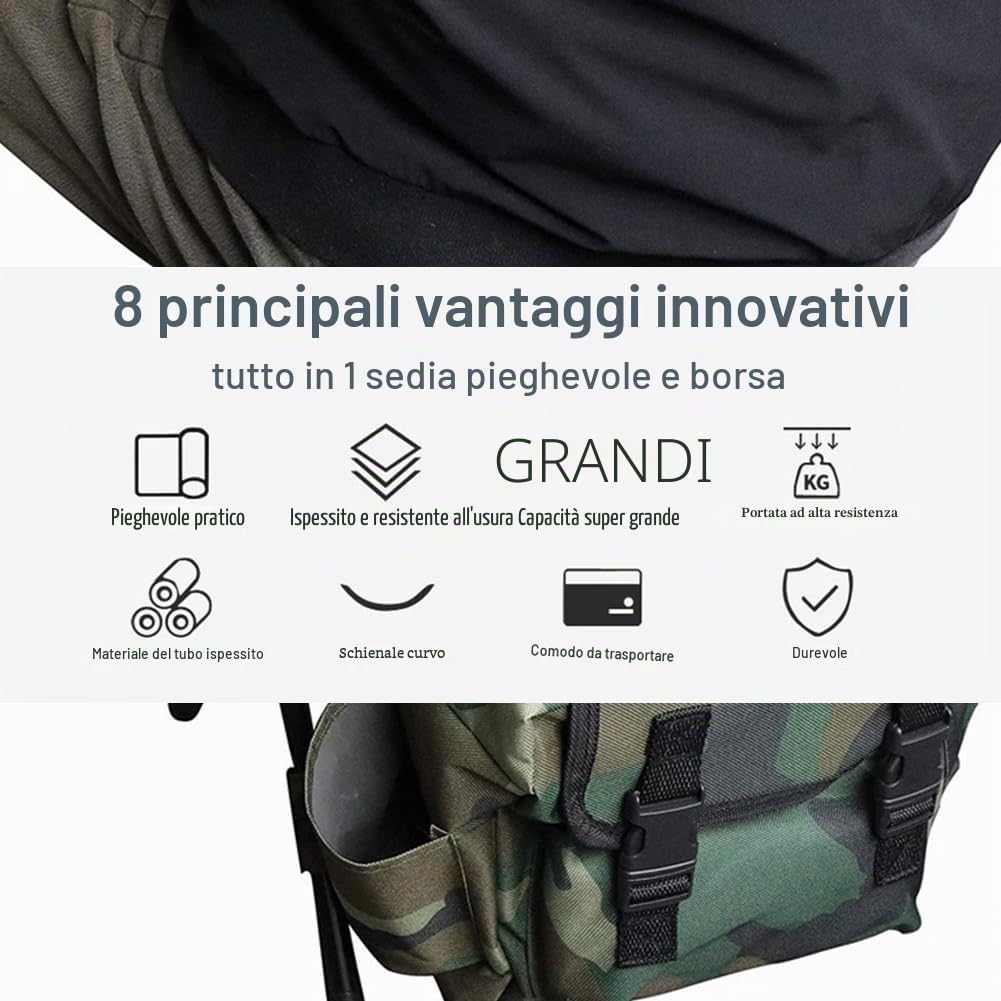 Sgabelli da Campeggio Pieghevoli per Esterni, Sedia da Campeggio Portatile in Tessuto Oxford con Zaino Carico Massimo 100kg per Pesca, Campeggio, Picnic, Barbecue, Mimetico