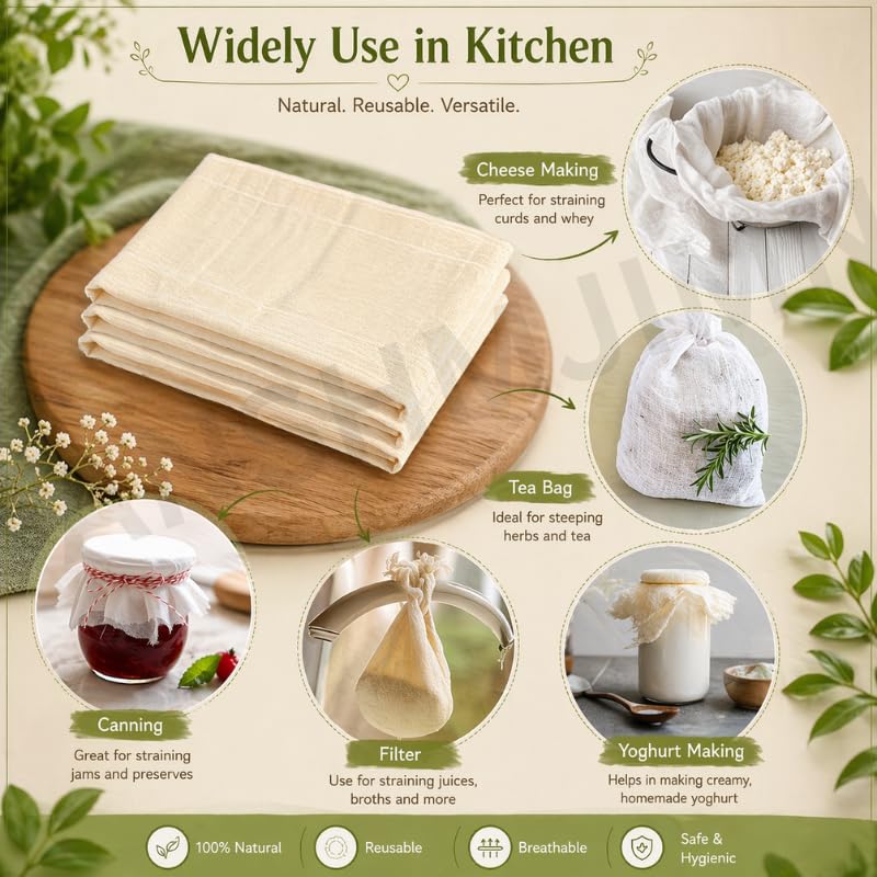 Image of Premium Cheesecloth (6 Pcs) - 100% Unbleached Cotton, Grade 100 Fine Mesh Strainer Cloth 20x20 Inch - Reusable Muslin Cloth for Paneer, Cheese (Pack of 6)