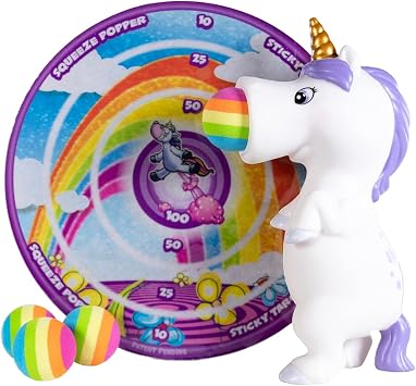 Hog Wild Unicorn Popper Toy and Sticky Target Set - Shoot Foam Balls Up to 20 Feet - 4 Rainbow Balls Included - Age 4+