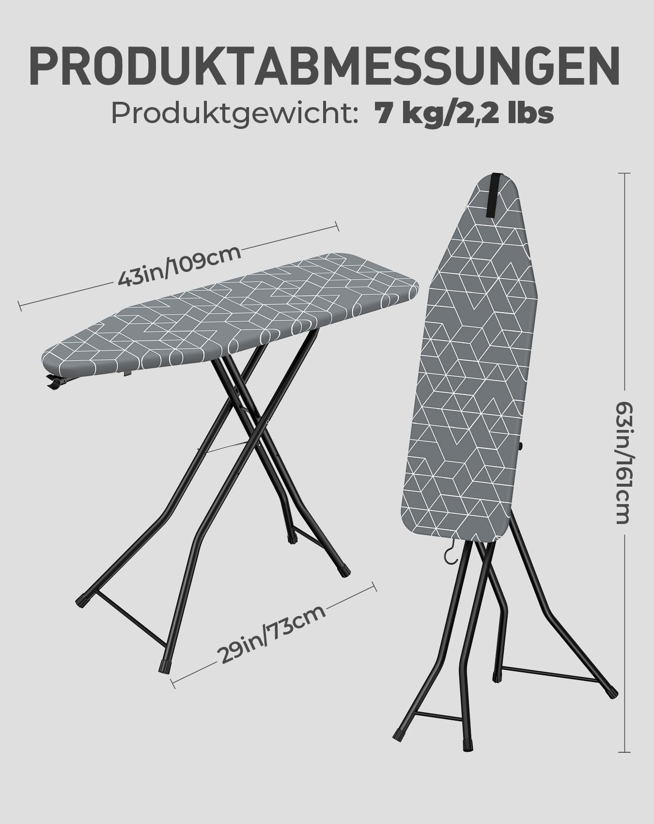 LyriFine Bügelbrett, 2-in-1 Bügeltisch für Dampfbügeln und klassisches Bügeln, hitzebeständige Auflage, klappbar mit Haken, Stabiler Stahlrahmen, Bügelbrett für Dampfbügelstation, grau