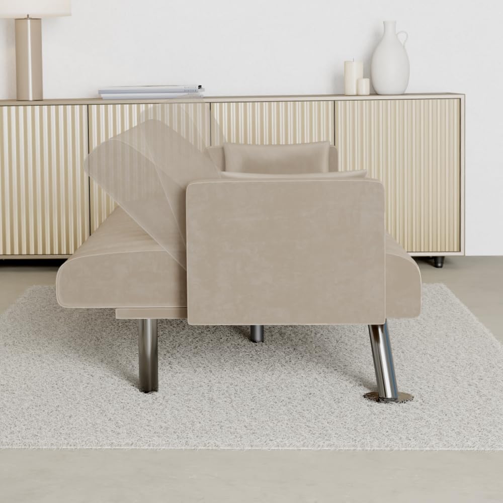 Nalui - Canapé Convertible 3 Places 210x80x79cm One Lines Clic Clac en Tissu Velours avec Pieds en Métal | Inclinaison Arrière | Comprend 2 Coussins | Beige