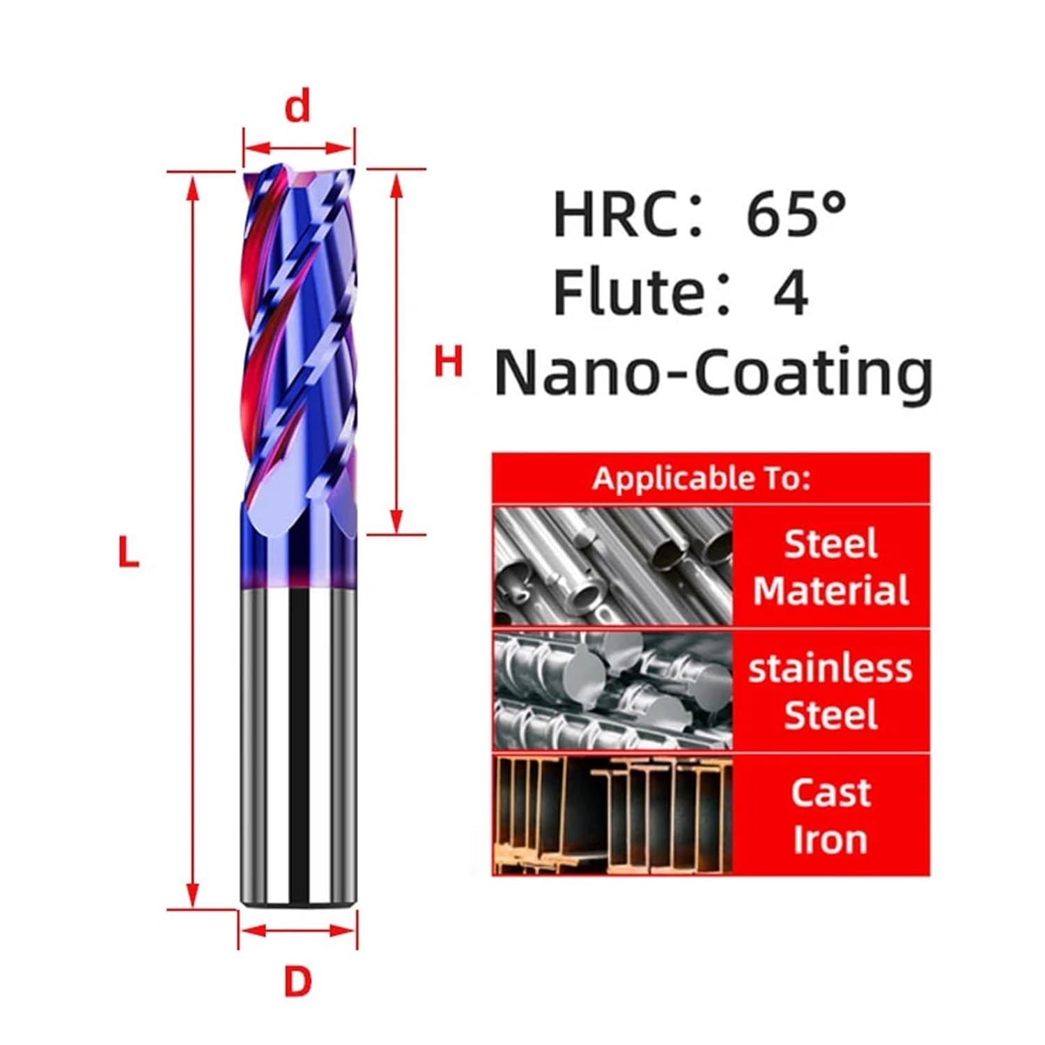 HRC65 Carbide End Mill 4 Flutes Metal Milling Cutter Cutting Tool CNC Maching Coating Flat Endmills for Stainless Steel 10Pcs(D12xD12x100L)