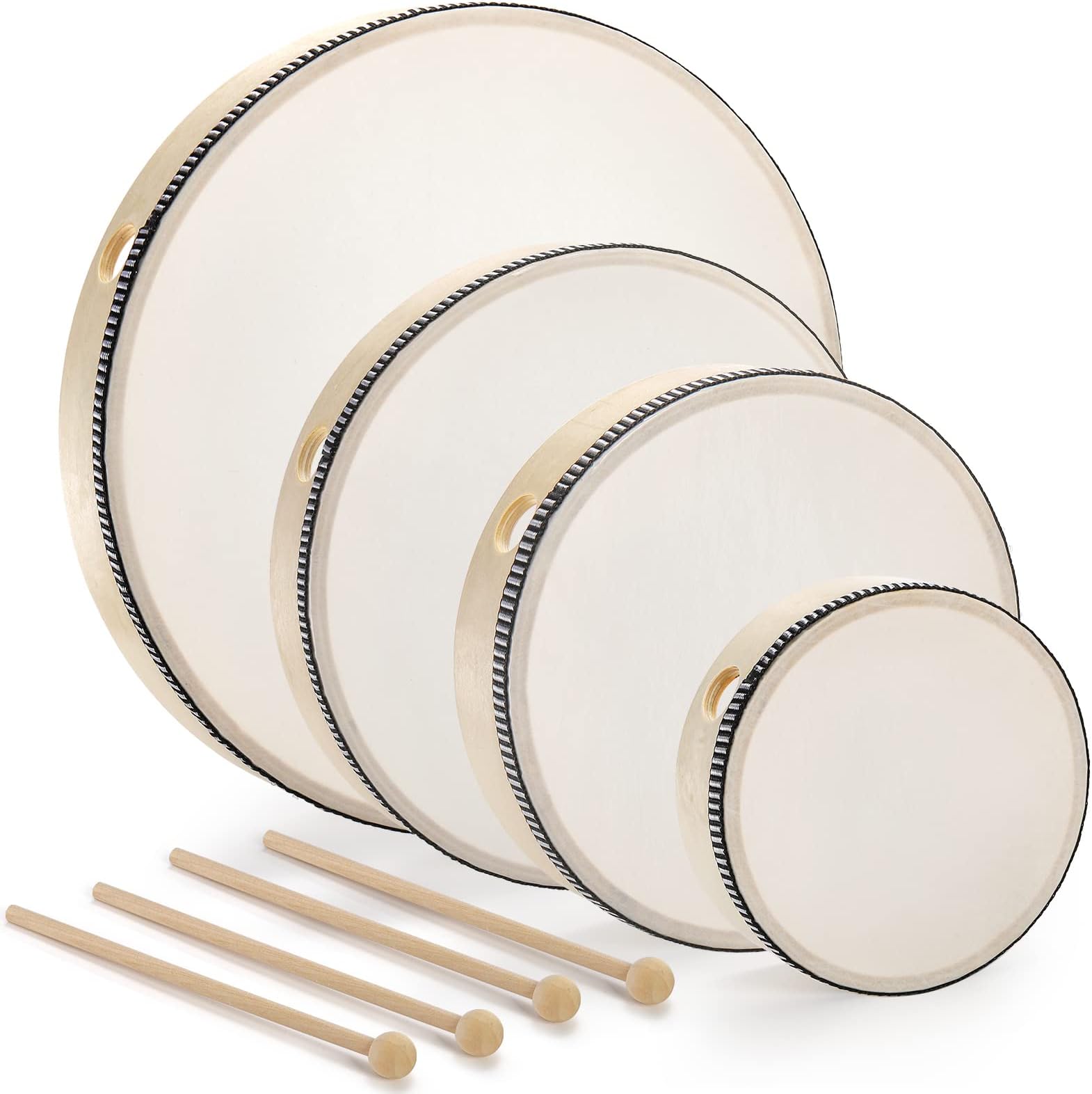 Foraineam 4 Pack Hand Drum 12 Inch 10 Inch 8 Inch 6 Inch Wood Drum Set Musical Percussion Instrument Wooden Frame Drum with Wooden Drum Sticks for Home Party Supplies