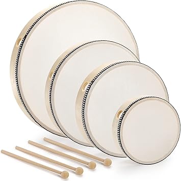 Foraineam 4 Pack Hand Drum 12 Inch 10 Inch 8 Inch 6 Inch Wood Drum Set Musical Percussion Instrument Wooden Frame Drum with Wooden Drum Sticks for Home Party Supplies