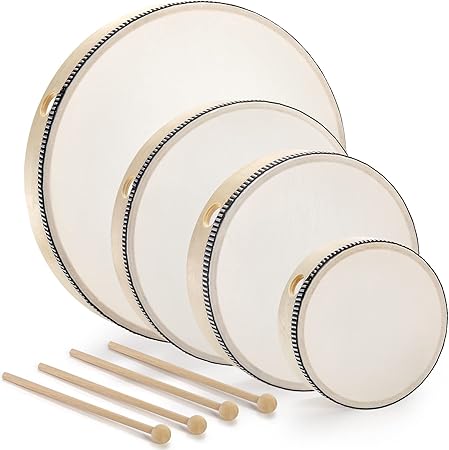 Foraineam 4 Pack Hand Drum 12 Inch 10 Inch 8 Inch 6 Inch Wood Drum Set Musical Percussion Instrument Wooden Frame Drum with Wooden Drum Sticks for Home Party Supplies
