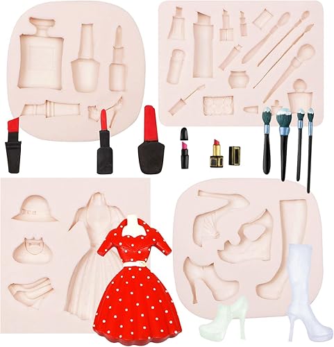 Moldes de silicona de maquillaje, 4 paquetes de tacones para falda, ropa, moldes de chocolate para niñas, decoración de pasteles de cumpleaños,