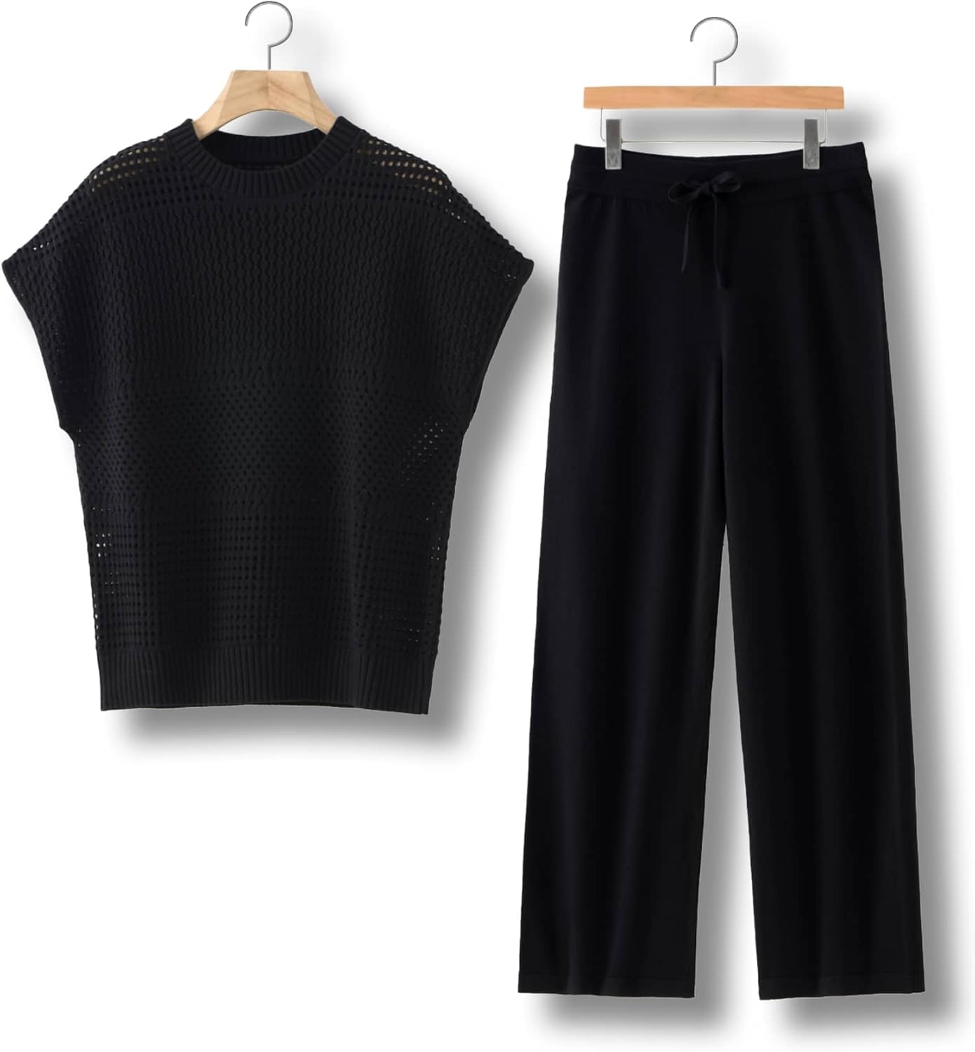 Fashion Hollow Knitted Set Short Sleeve Top Wide Leg Pants Casual Two Piece