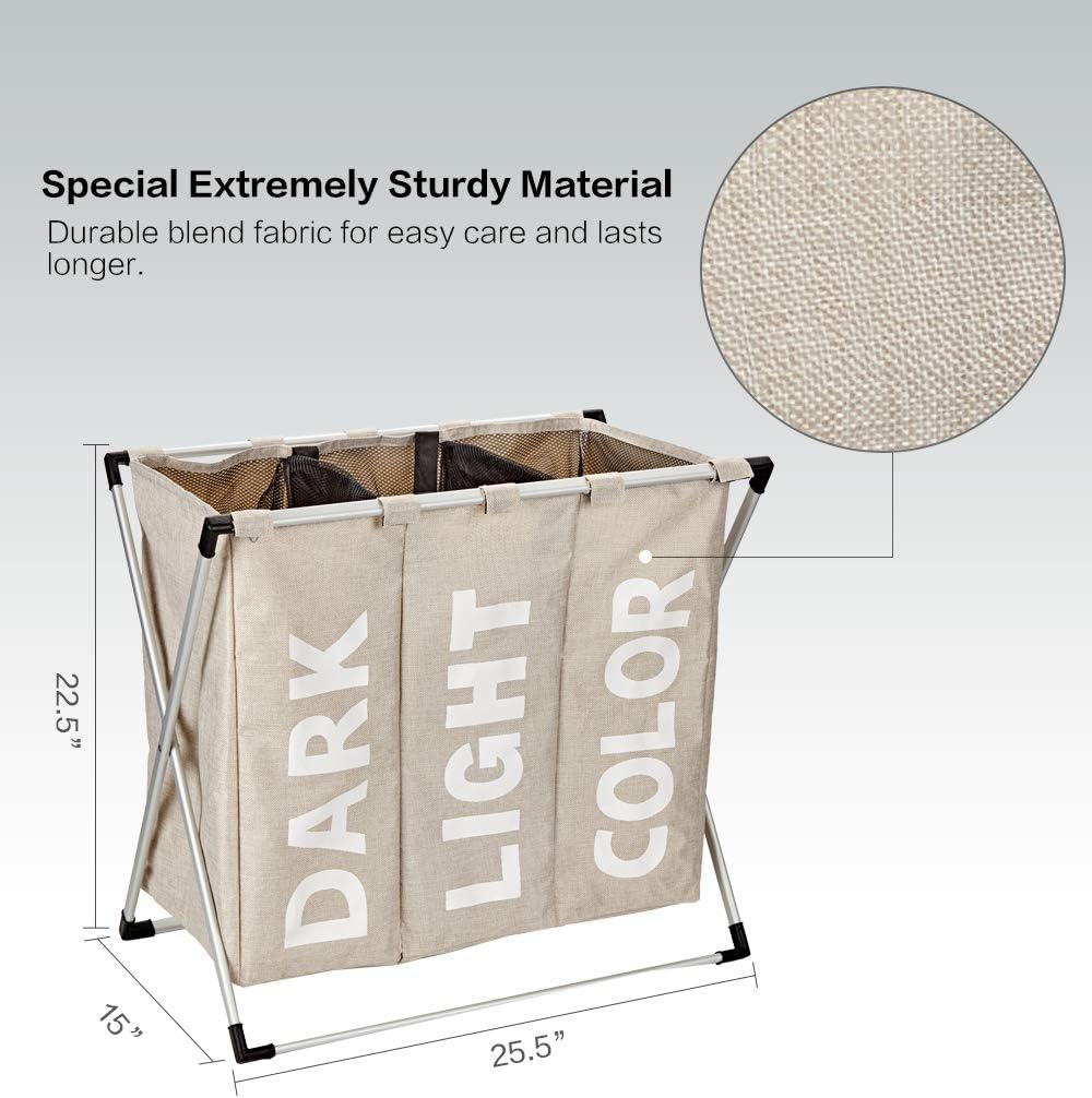 HOMEST 3 Sections Laundry Hamper Basket with Aluminum Frame 25.5''L×22.5''H Durable Dirty Clothes Bag for Bathroom Bedroom Home, Beige
