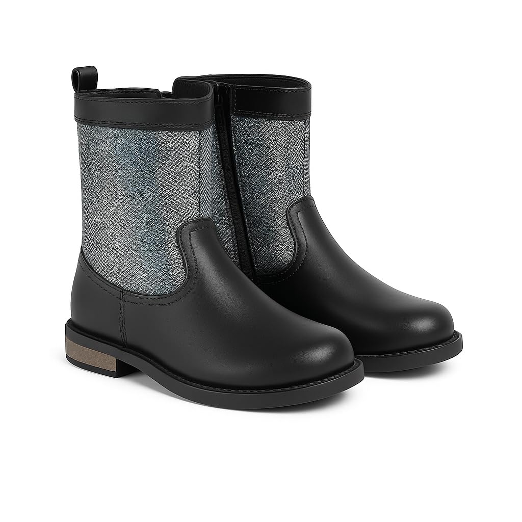 Children's Mid-Calf Boots with Mesh Panels, Black Leather and Grey Mesh Design, Side Zipper, for Girls 4-8 Years-image-31