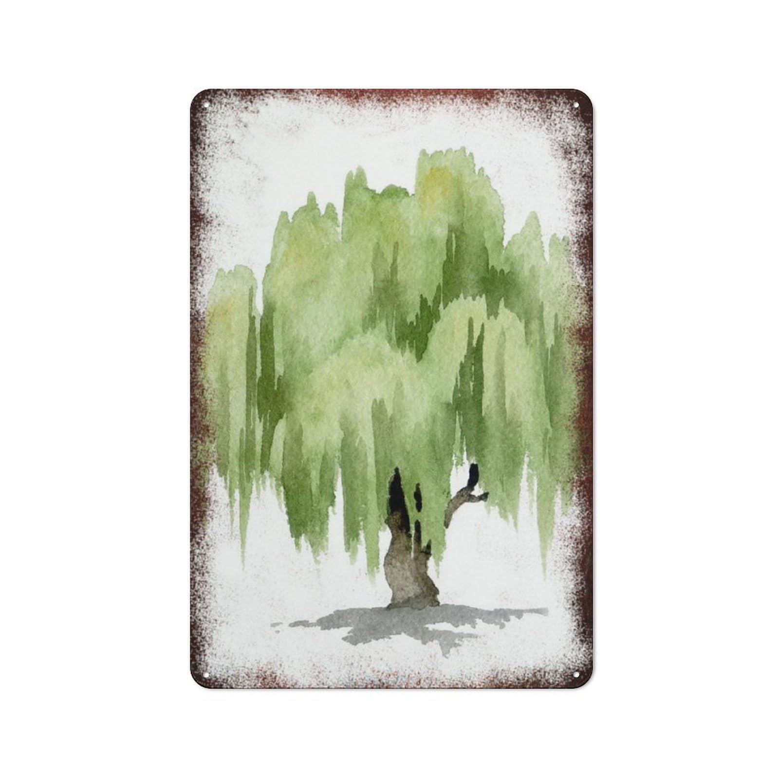 Metal Tin Sign Metal Willow Tree Watercolor Pattern Vintage Rustic Wall Art Decor Kitchen Bathroom Bedroom Living Room Cafe Farmhouse Entryway Office Garage Home Bar Laundry Room Porch 8x12 Inch