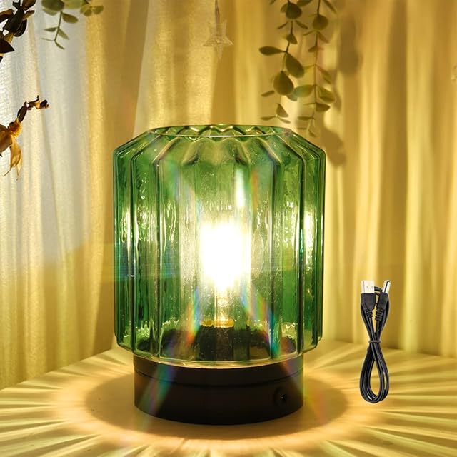 JHY DESIGN Battery Operated Table Lamp, 20cm High Glass Cordless Table Lamp with 6-Hour Timer, LED Lantern for Home Decor Parties Indoor Outdoor(1.45M USB Power Connection Included)